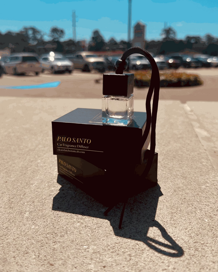 Palo Santo Car Diffuser in a clear glass bottle with a dark wooden cap and hanging cord, shown with its black box