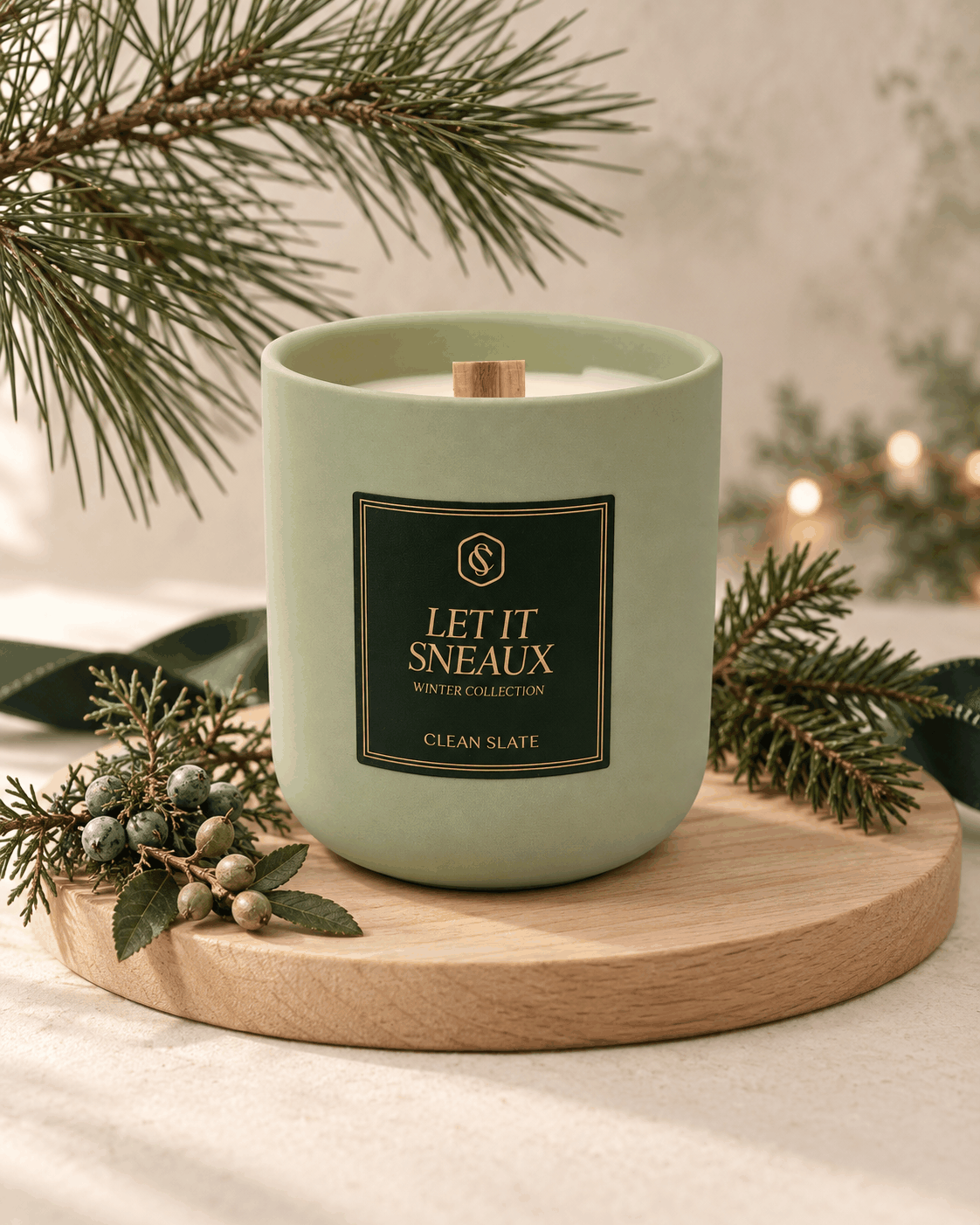Let It Sneaux Candle in a pale sage-green ceramic vessel with a black and gold label and wooden wick