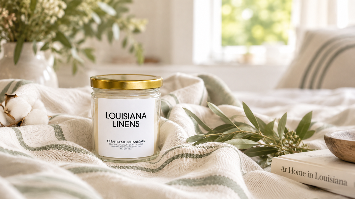 Louisiana Linens candle styled with soft linen in a bright, airy home