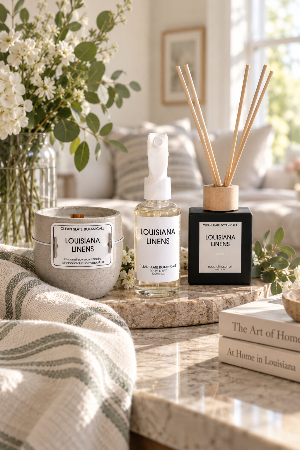 Louisiana Linens candle, room spray and reed diffuser styled in a bright neutral home