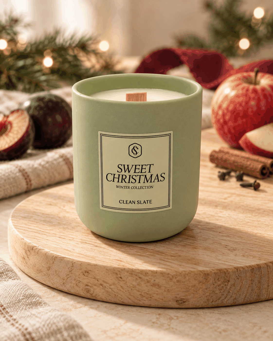 Sweet Christmas candle in a pale sage green ceramic vessel with white wax, a wooden wick and a simple cream label